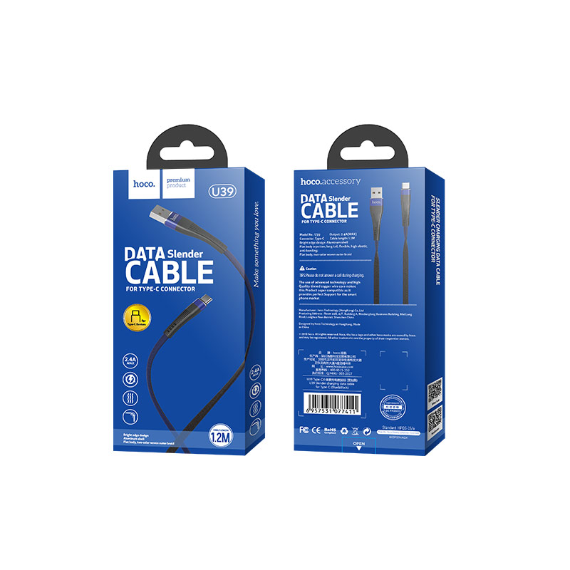 u39 slender type c charging data cable packaging front back