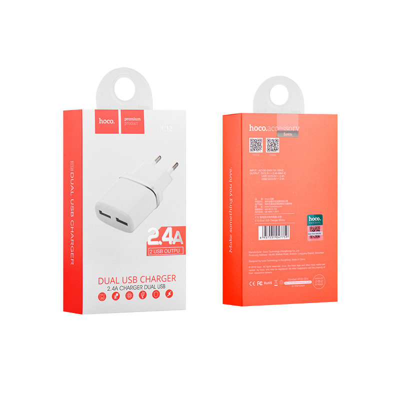 c12 smart dual usb charger white package