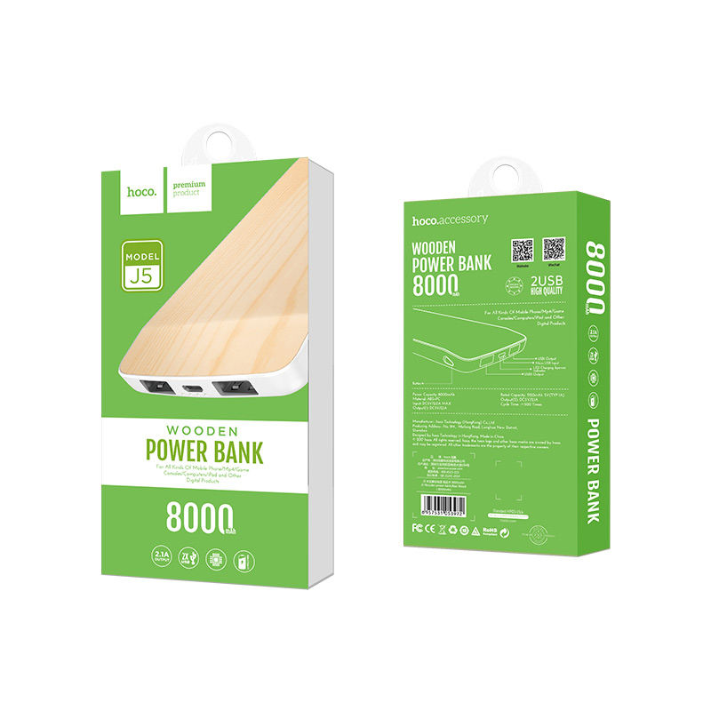 j5 wooden power bank 8000 mah pear wood package