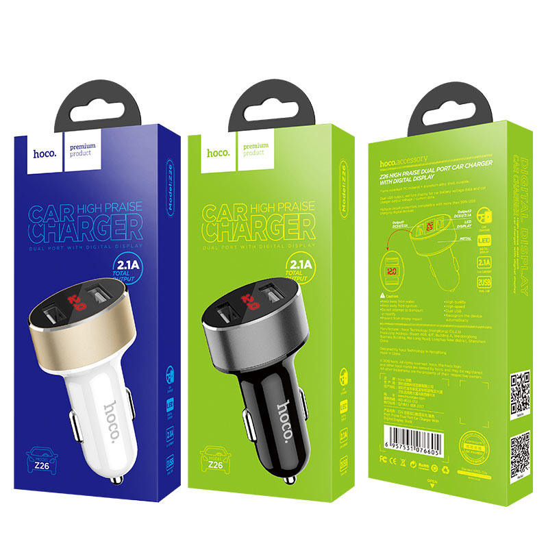 z26 high praise dual port car charger with digital display packages