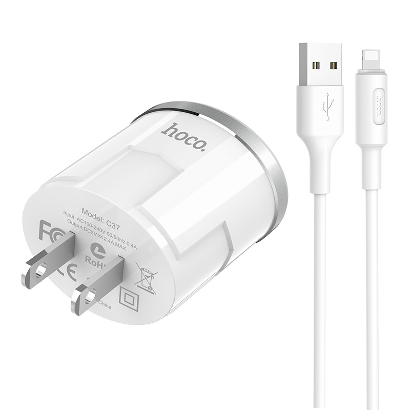 c37 thunder power single usb port us charger set with lightning cable