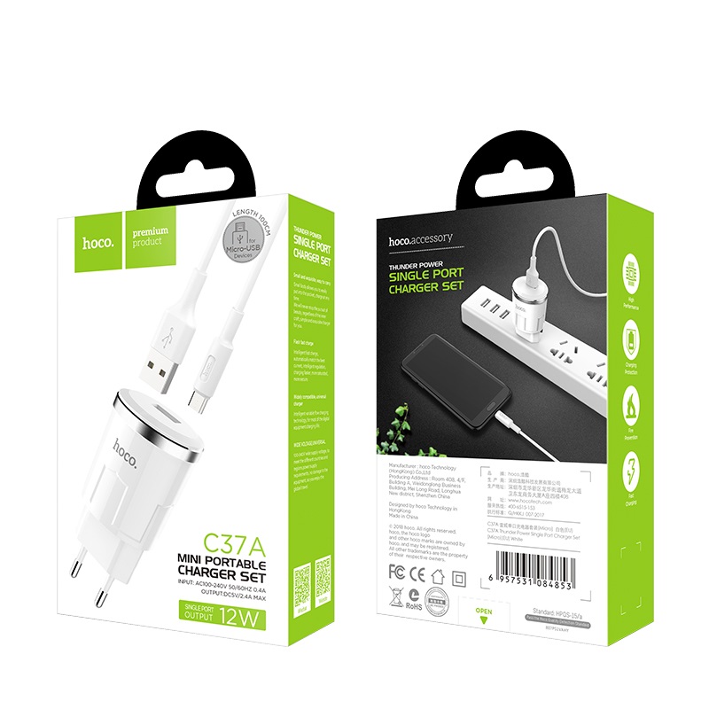 c37a thunder power single usb port eu charger set with micro usb cable package