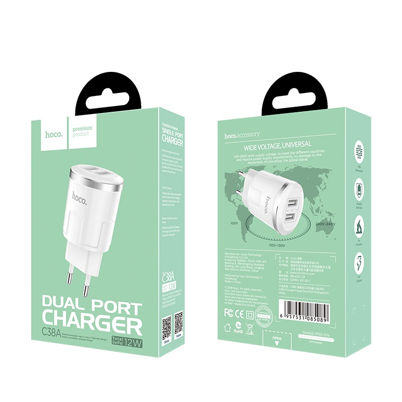c38a thunder power dual usb port eu charger package