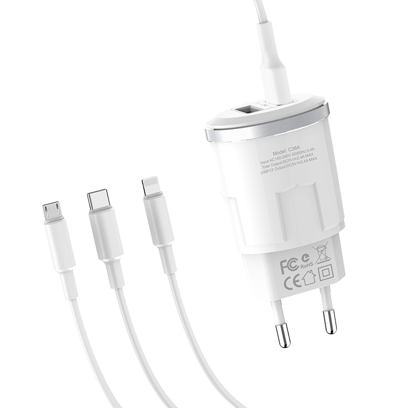 c38a thunder power dual usb port eu charger set with 3in1 cable adapter