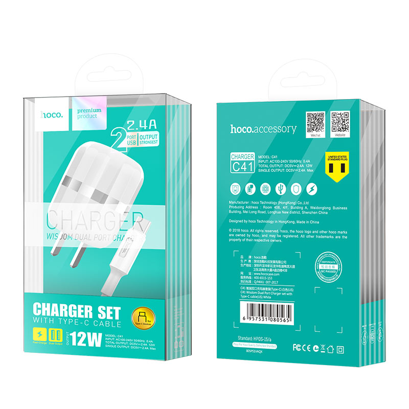 c41 wisdom dual port us charger set with type c cable package
