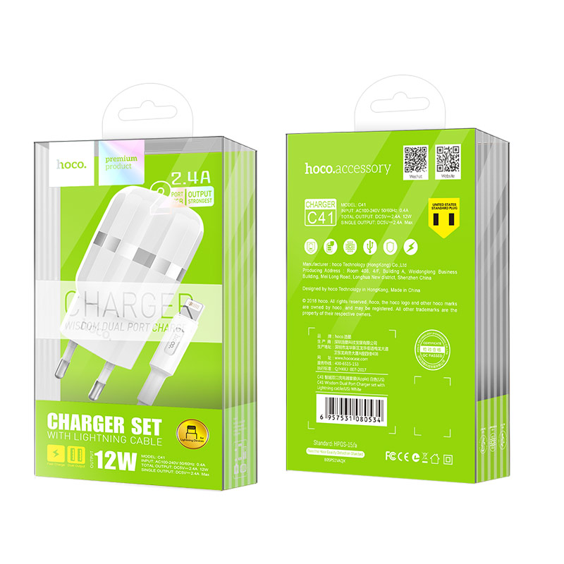 c41a wisdom dual usb port eu charger set with lightning cable package