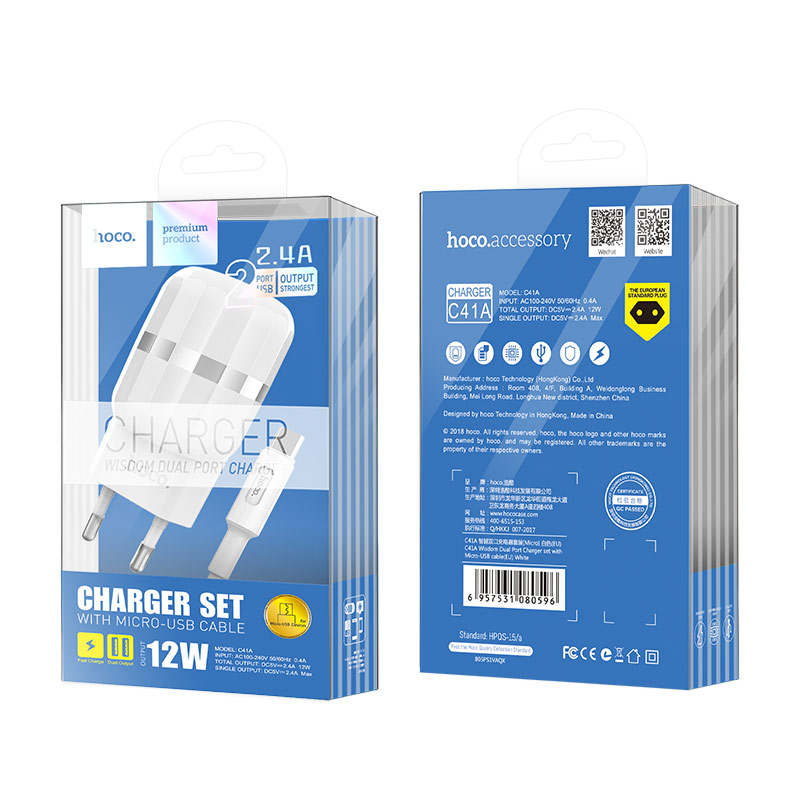 c41a wisdom dual usb port eu charger set with micro usb cable package