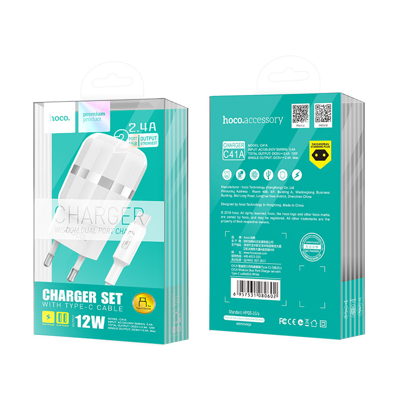c41a wisdom dual usb port eu charger set with type c cable package