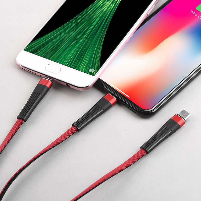 u39 slender 3in1 lightning micro usb type c charging cable interior red black