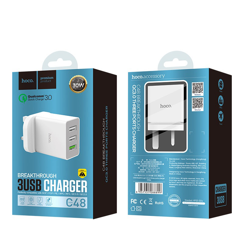 hoco c48 breakthrough qc 3.0 three usb ports charger package