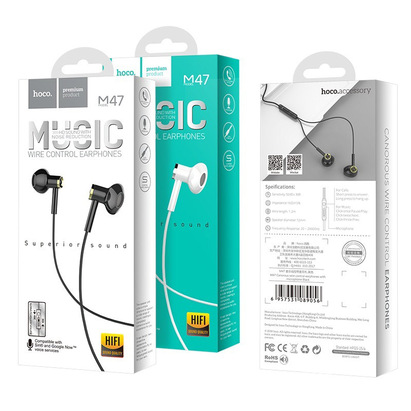 hoco m47 canorous wire control earphones with microphone package