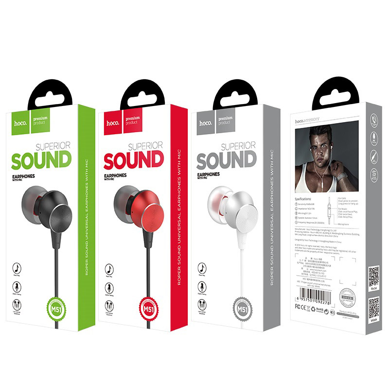 hoco m51 proper sound universal earphones with mic package