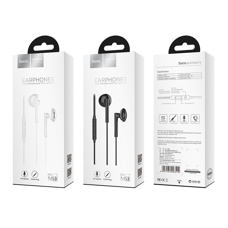 hoco m53 exquisite sound wired earphones with mic package