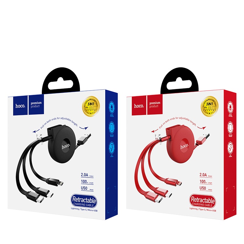 hoco u50 3 in 1 retractable charging cable package