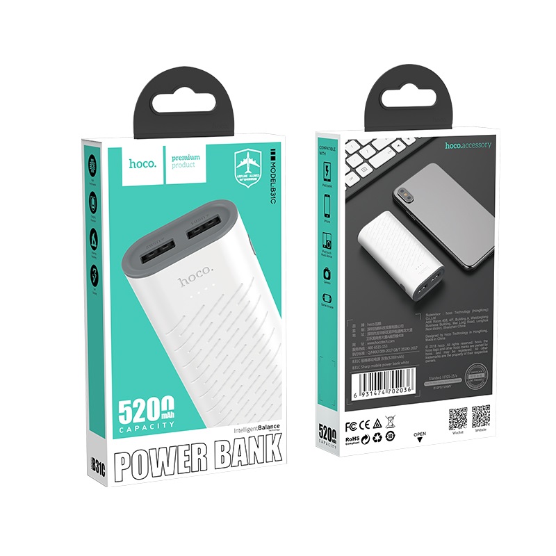 hoco b31c sharp mobile power bank 5200mah white box