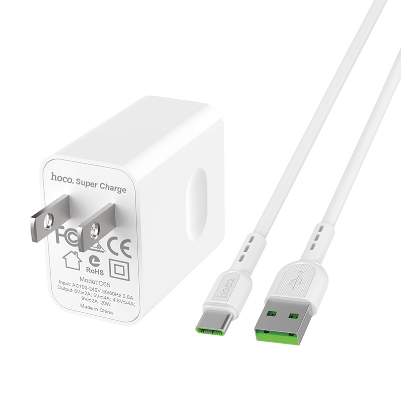 hoco c65 warwick super fast wall charger us set with type c cable connectors