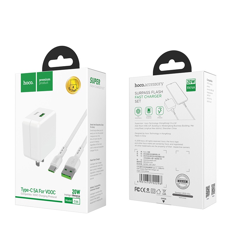 hoco c66 surpass flash fast wall charger us set with type c cable package