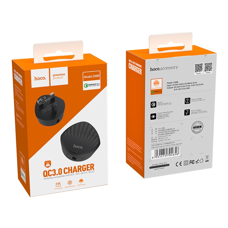 hoco c68b shell single usb port qc30 charger uk plug package