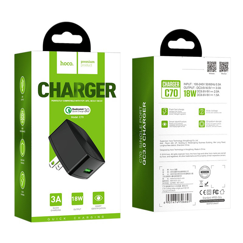 hoco c70 cutting edge single usb port qc30 charger us package