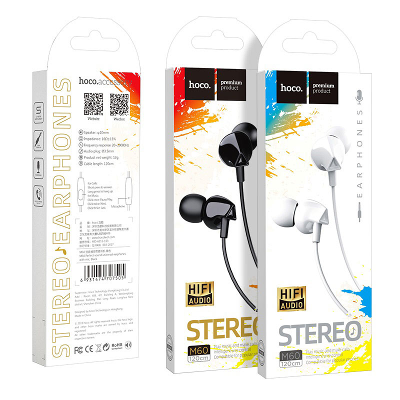 hoco m60 perfect sound universal wired earphones with mic packages