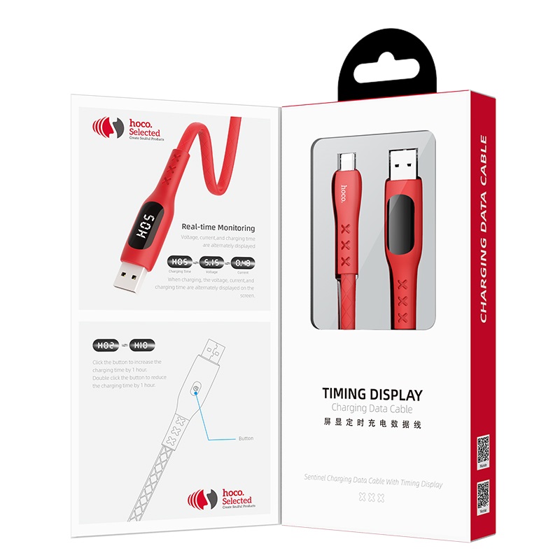 hoco s6 sentinel charging data cable with timing display for lightning packages back front red