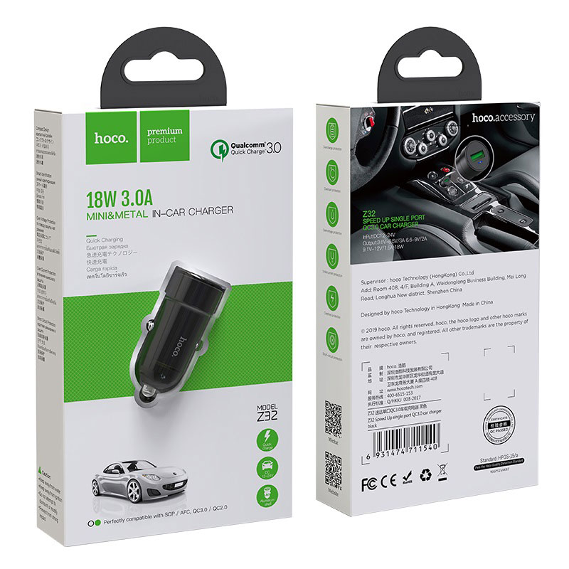 hoco z32 speed up single port qc30 car charger packages back front