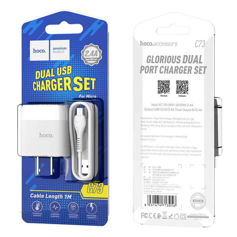 hoco c73 glorious dual port charger us set with micro usb cable package