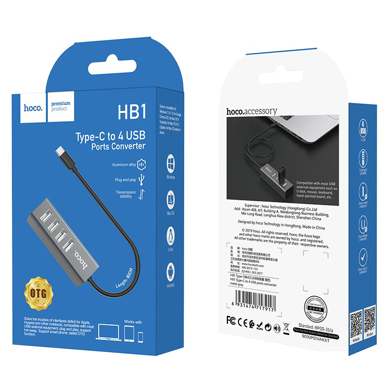 hoco hb1 хаб type c на 4 usb порта упаковка металлик