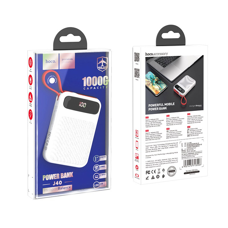 hoco j40 powerful mobile power bank 10000mah built in cable lightning package