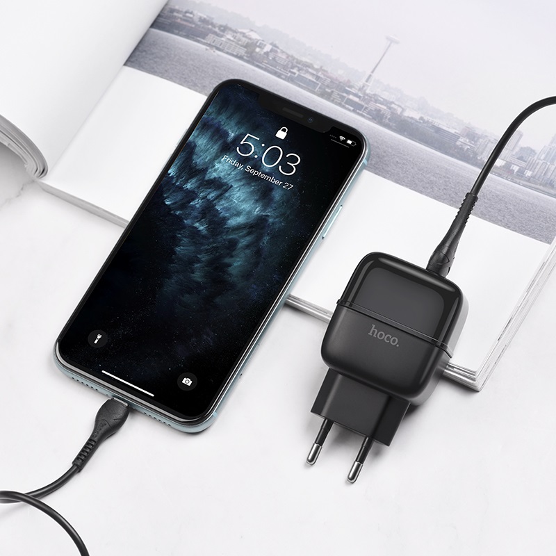 hoco c77a highway dual port charger eu set with lightning cable interior