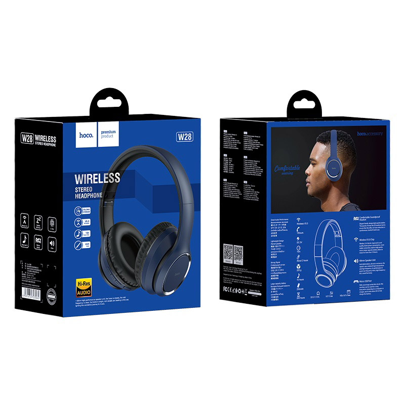 hoco w28 journey wireless headphones package front back blue