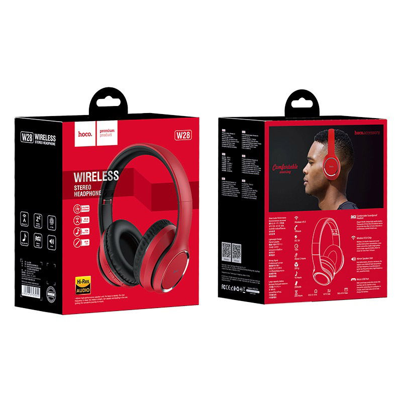 hoco w28 journey wireless headphones package front back red