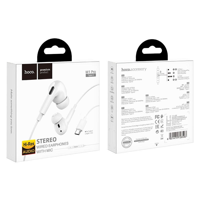 hoco m1 pro original series earphones for type c package white