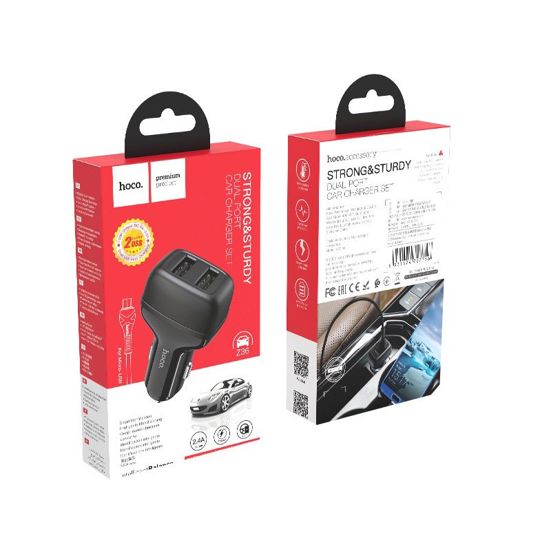 hoco z36 leader dual port car charger set with micro usb cable package black