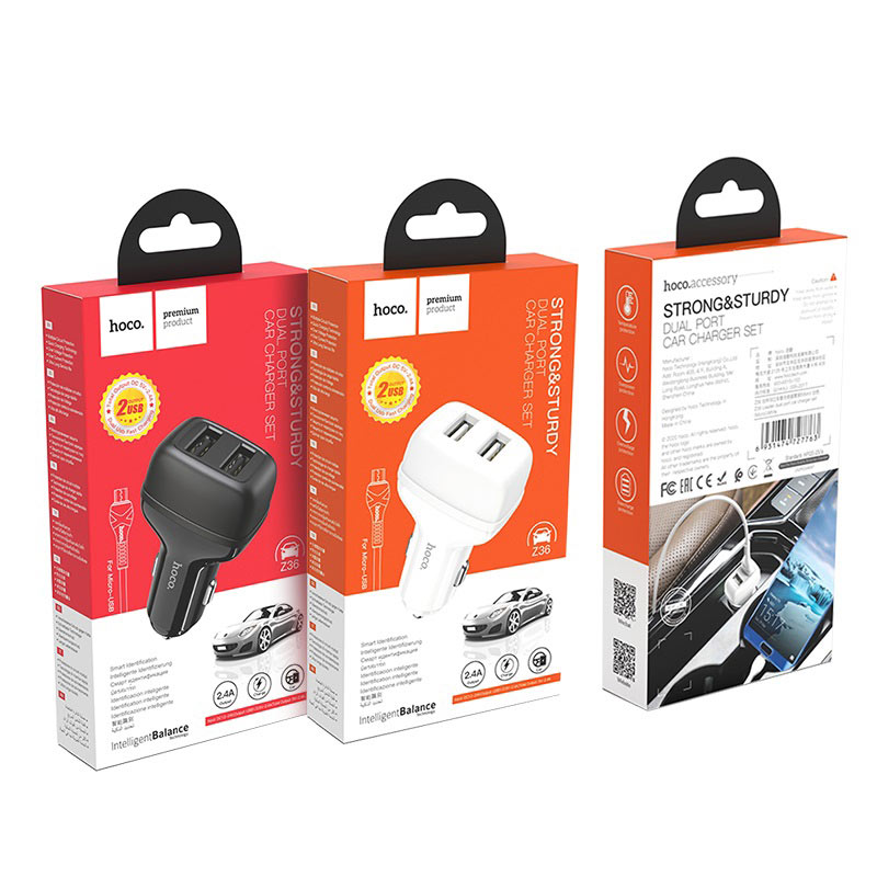 hoco z36 leader dual port car charger set with micro usb cable packages