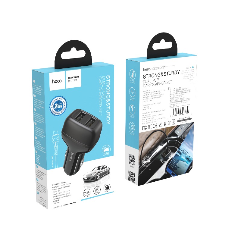 hoco z36 leader dual port car charger set with type c cable package black