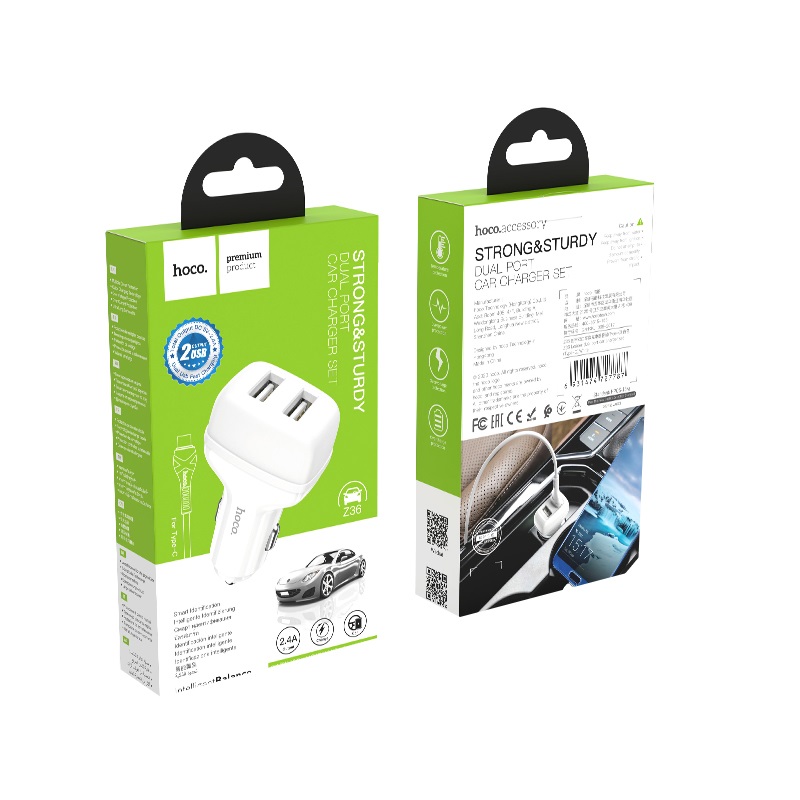 hoco z36 leader dual port car charger set with type c cable package white