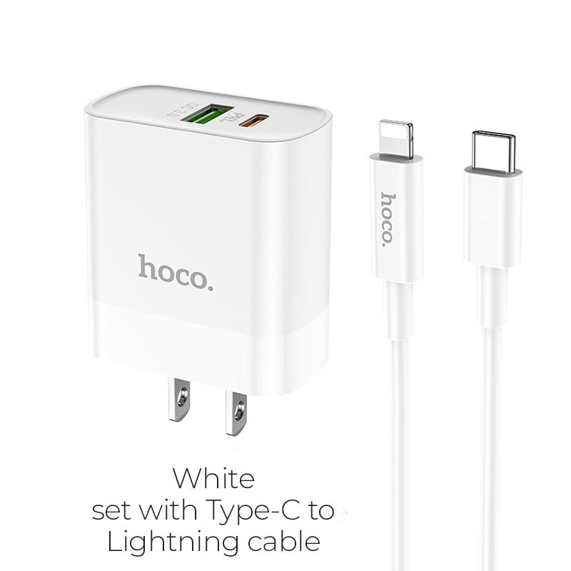 Hoco C80A cargador Rapido PD+QC3.0 charger (EU) incluye cable de Type-C a  Lightning color Blanco