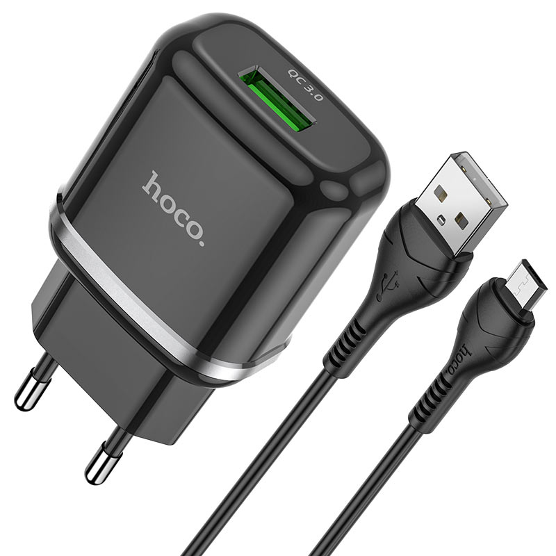 hoco n3 special single port qc3 wall charger eu set with micro usb cable connectors black