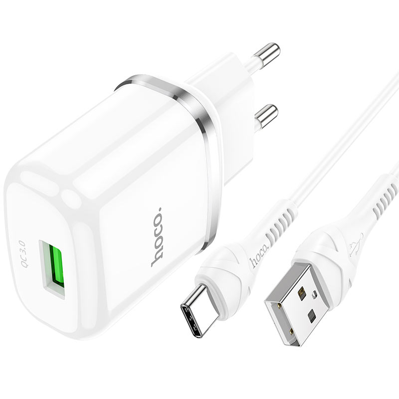 hoco n3 special single port qc3 wall charger eu set with type c cable connectors white