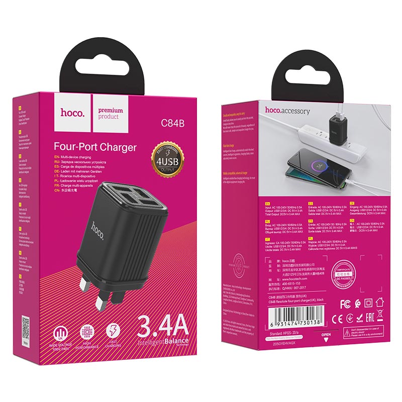 hoco c84b resolute зарядное устройство с четырьмя портами uk упаковка черный