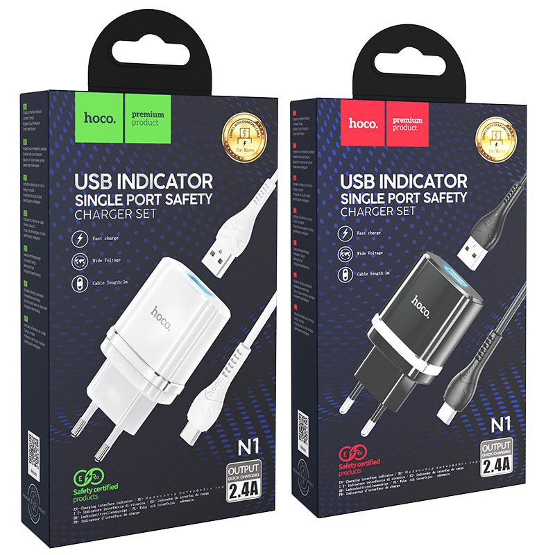 hoco n1 ardent single port wall charger eu set with micro usb cable packages
