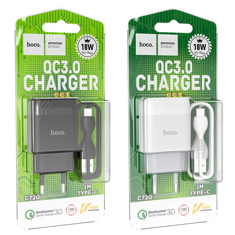 hoco c72q glorious single port qc3.0 wall charger eu set type c packages