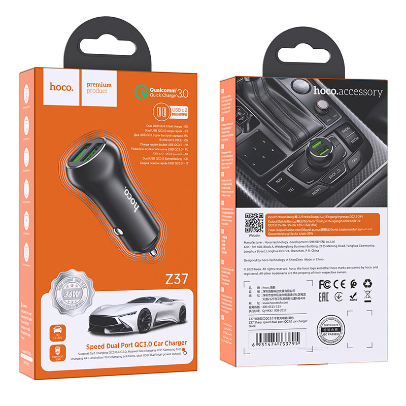 hoco z37 sharp speed dual port qc3.0 car charger package black