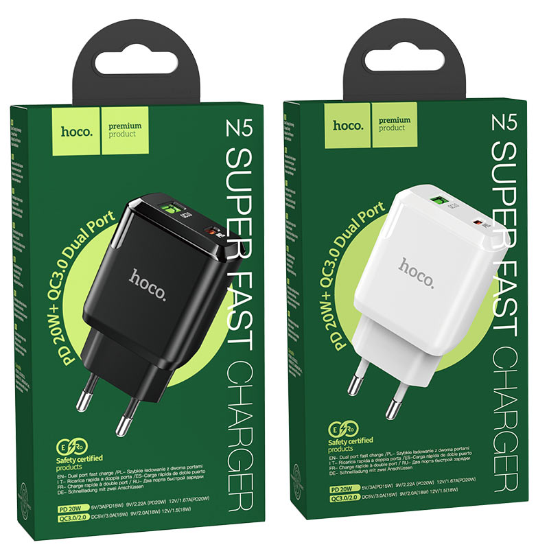 hoco n5 favor dual port pd20w qc3 wall charger eu packages