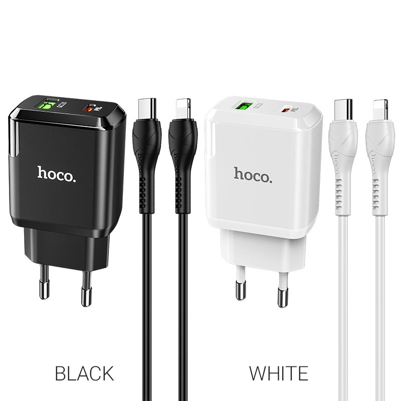 hoco n5 favor dual port pd20w qc3 wall charger eu type c to lightning set colors