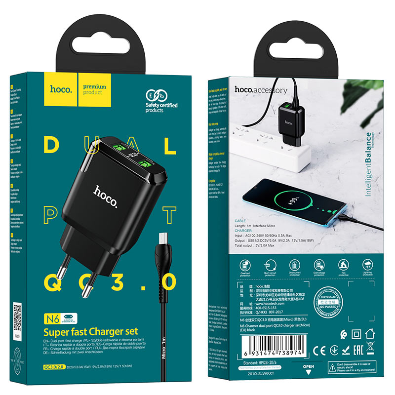 hoco n6 charmer dual port qc3 wall charger eu micro usb set package black