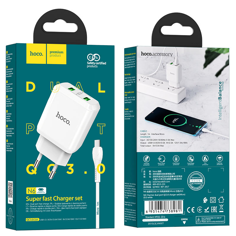 hoco n6 charmer dual port qc3 wall charger eu micro usb set package white