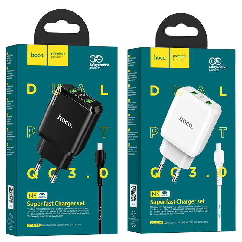 hoco n6 charmer dual port qc3 wall charger eu micro usb set packages