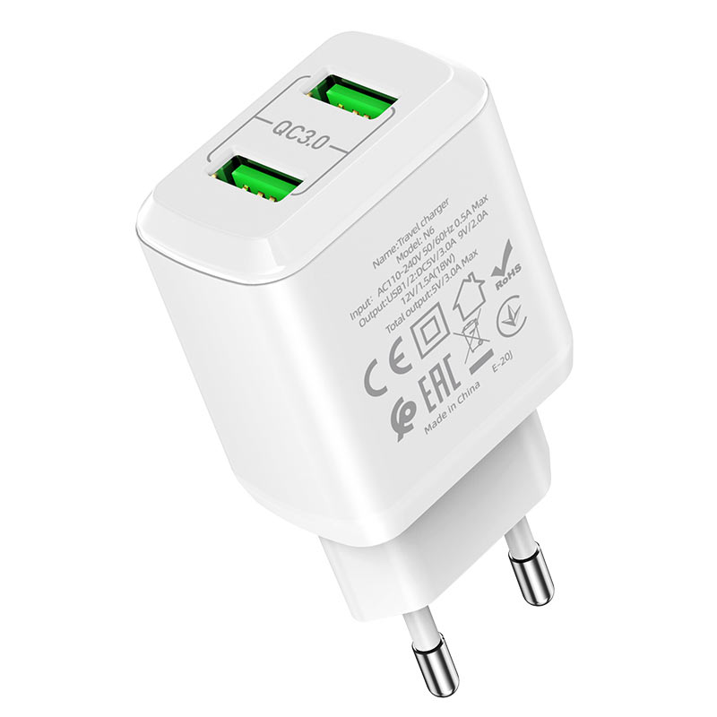 hoco n6 charmer dual port qc3 wall charger eu outputs